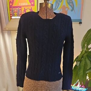 Vintage 1990s Abercrombie & Fitch Navy Blue Cable Knit Fishermans Wool Sweater S